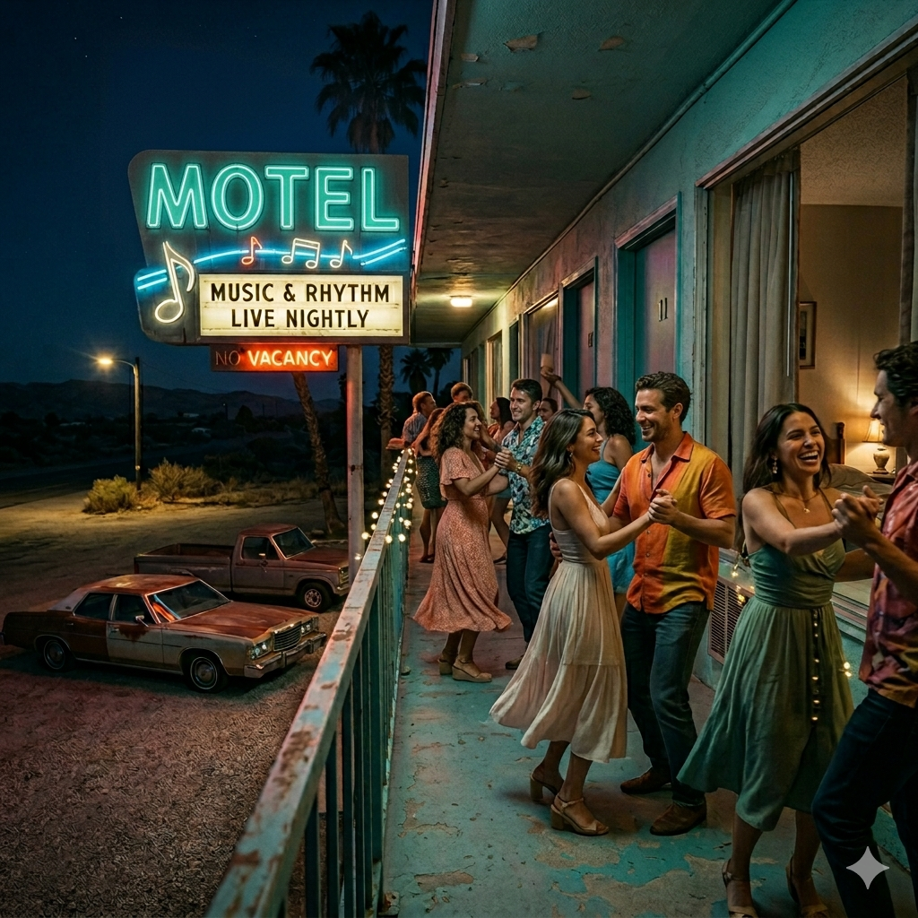 Memory image: music and dancing outside a motel, echoing the meo-mu-reu-da sound pattern